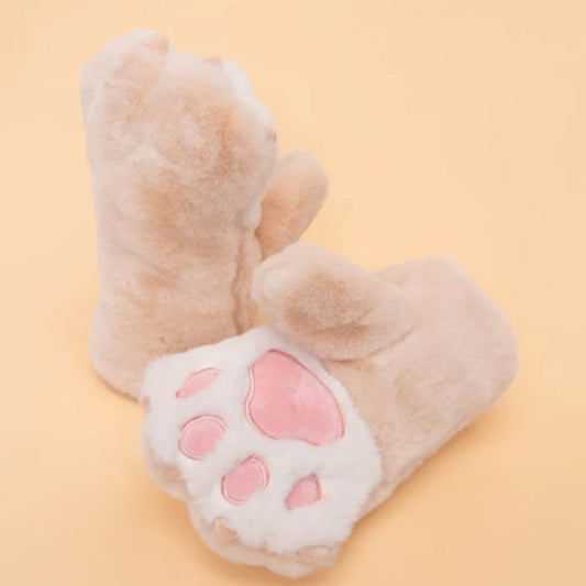 ‘Powder Accessories’ Kids Cosy Fur Lined Bear Paw Fluffy Mittens - Cream