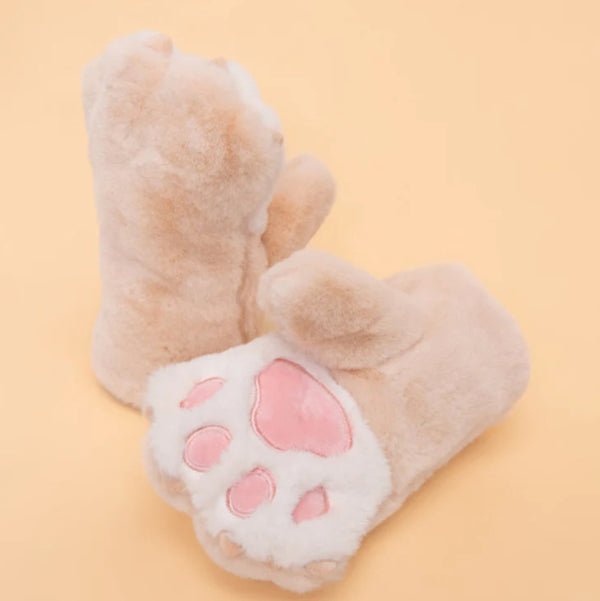‘Powder Accessories’ Kids Cosy Fur Lined Bear Paw Fluffy Mittens - Cream