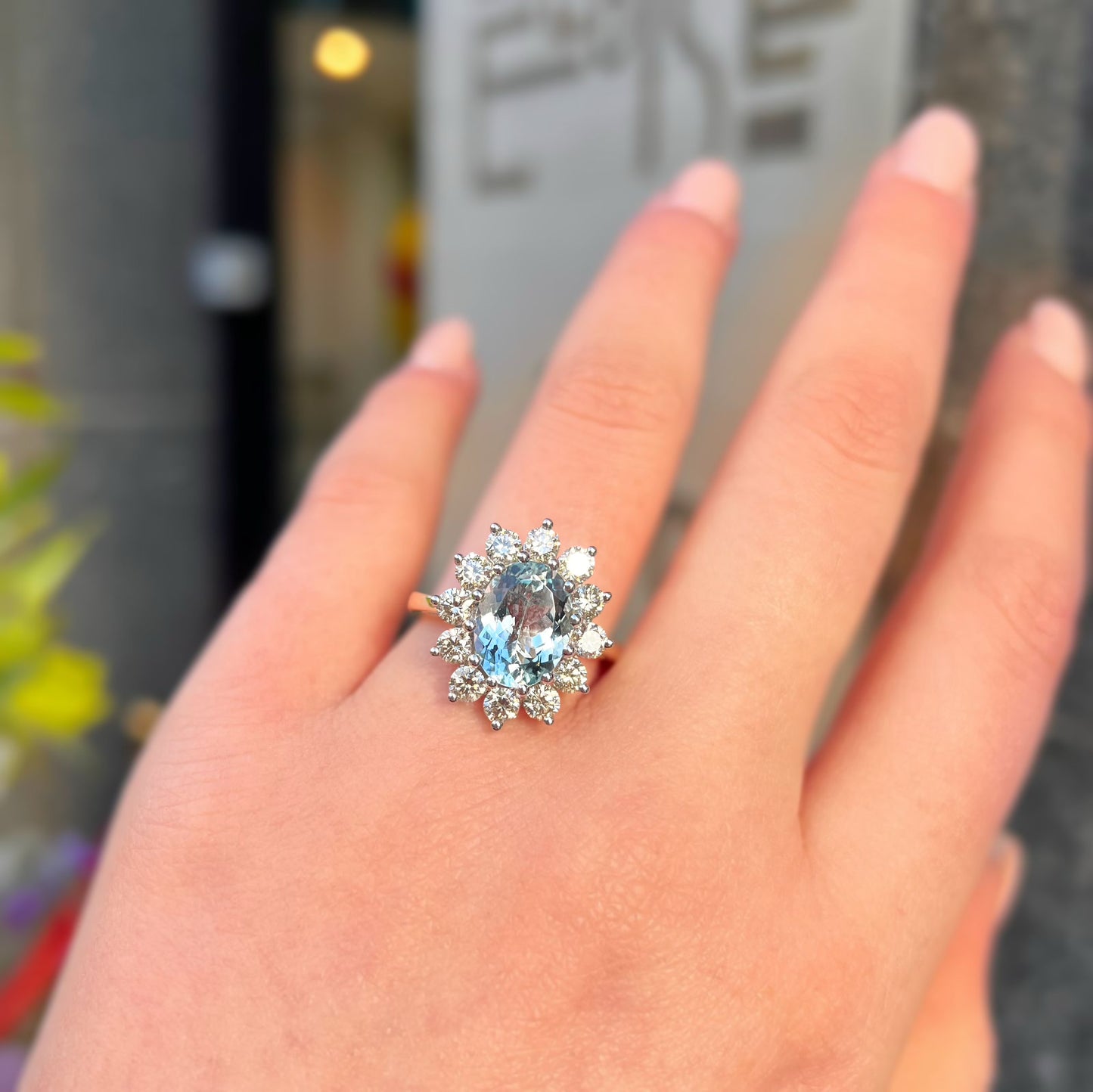 Astonishing 14k Gold Aquamarine and Diamond Classic Cluster Ring - Size N ½