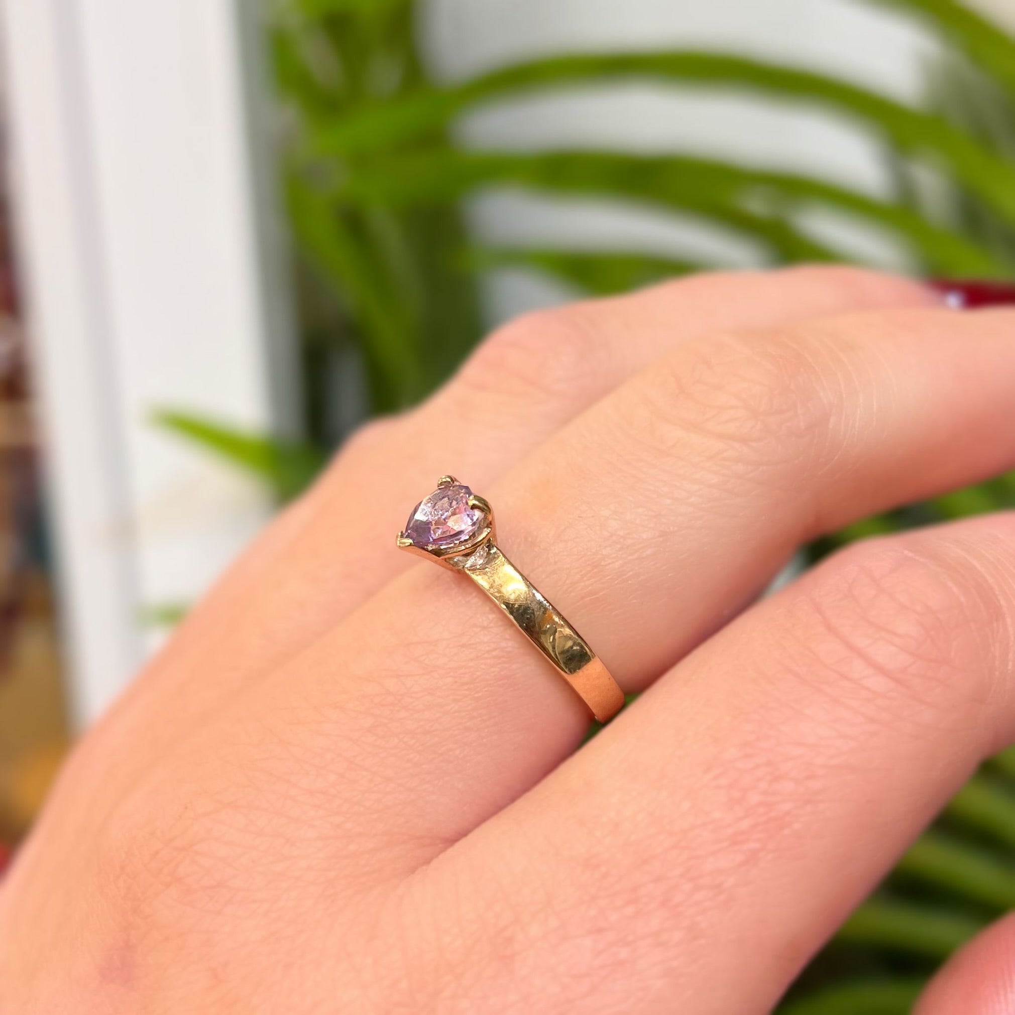 Handmade Vintage Amethyst 9ct Yellow Gold Heart Solitaire Ring | Size M