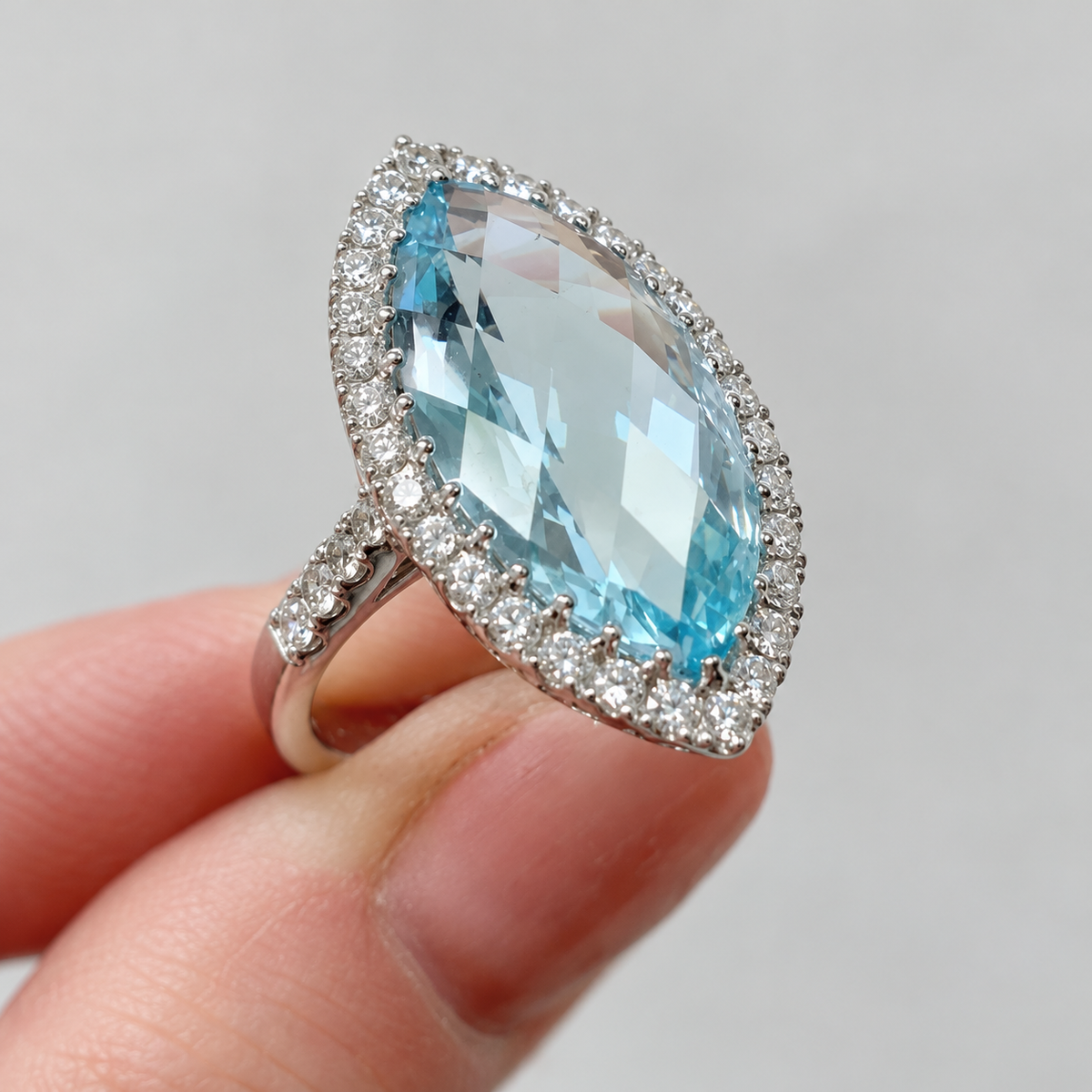 Marquise Cut Blue Topaz & Diamond 18ct White Gold Cocktail Ring | Size M