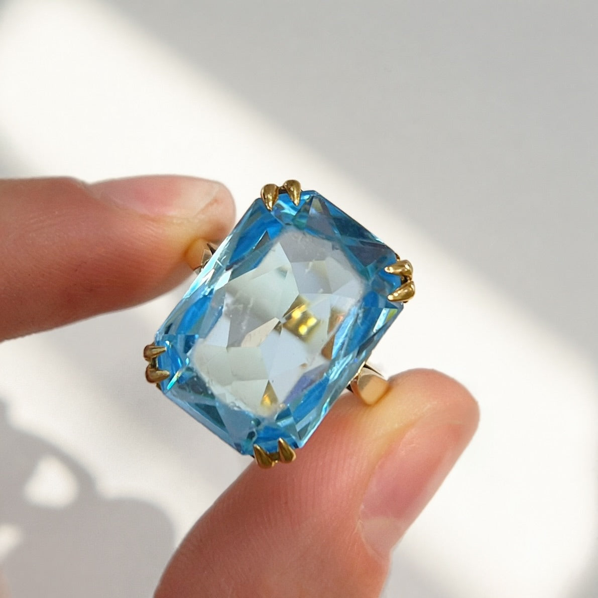 Vintage Blue Glass 9ct Yellow Gold Cocktail Ring | Size L