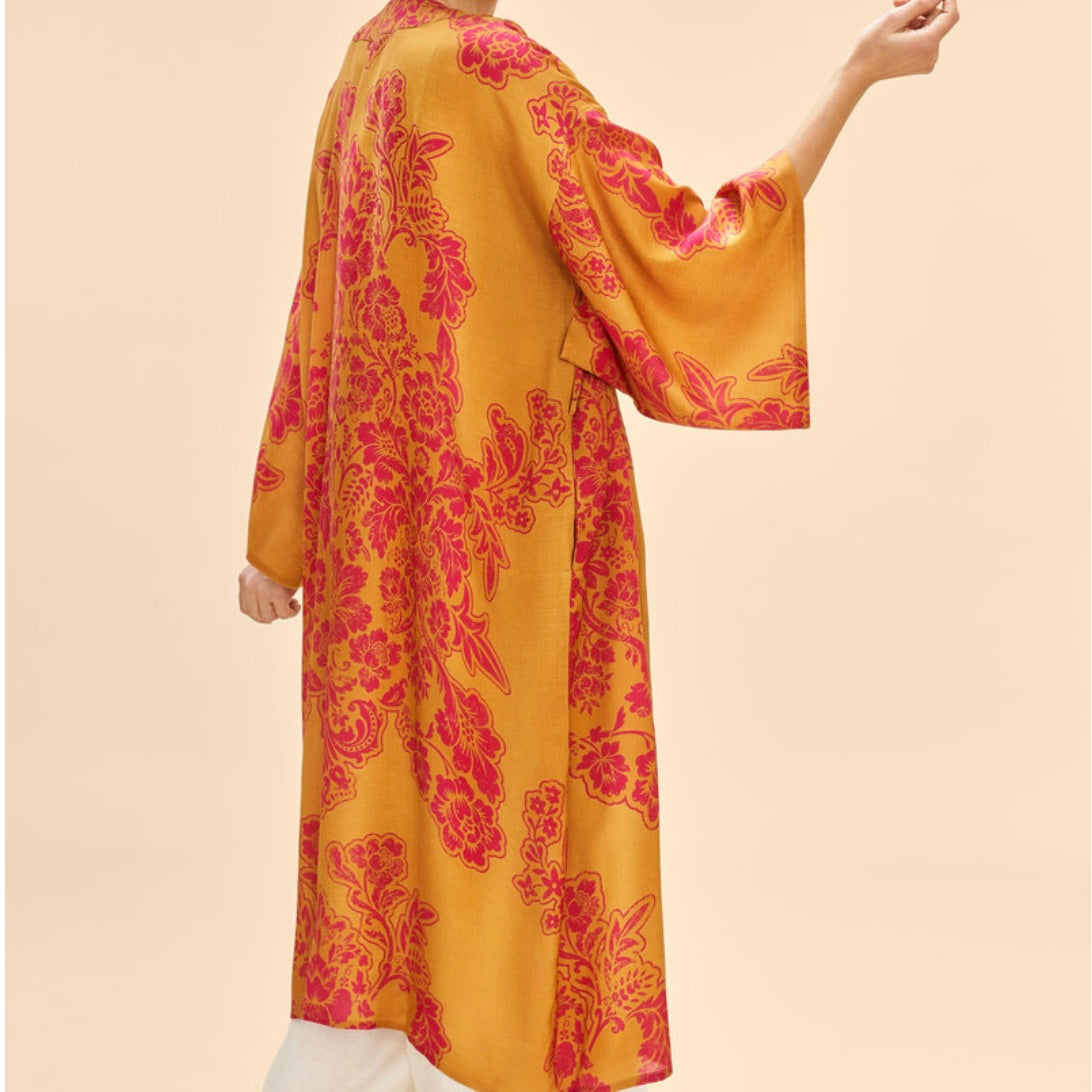 Powder Accessories Mustard Yellow & Pink Tapestry Long Kimono Gown