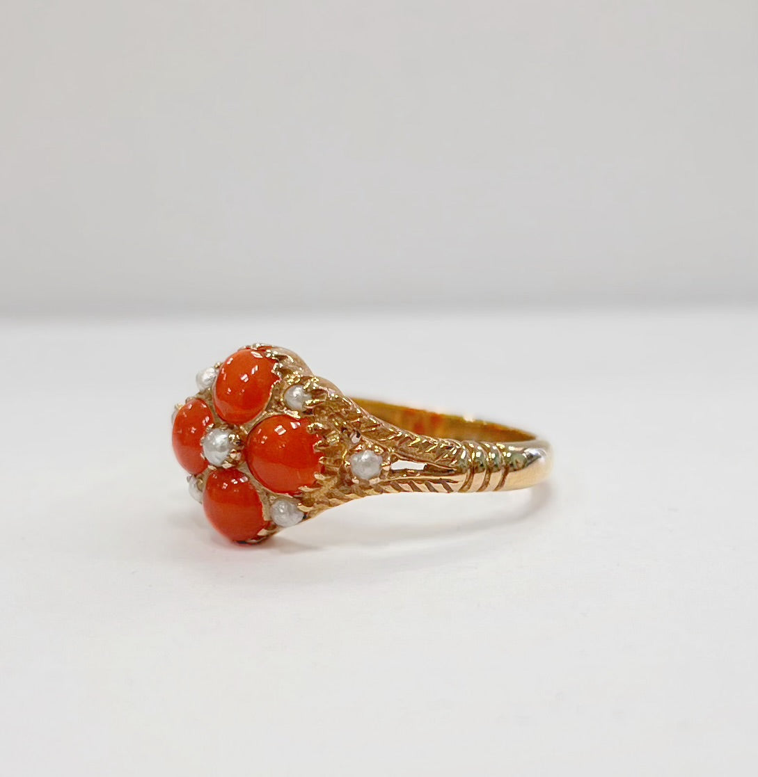 Victorian Inspired Coral and Seed Pearl 9ct Yellow Gold Forget-me-not Ring | Size M ½