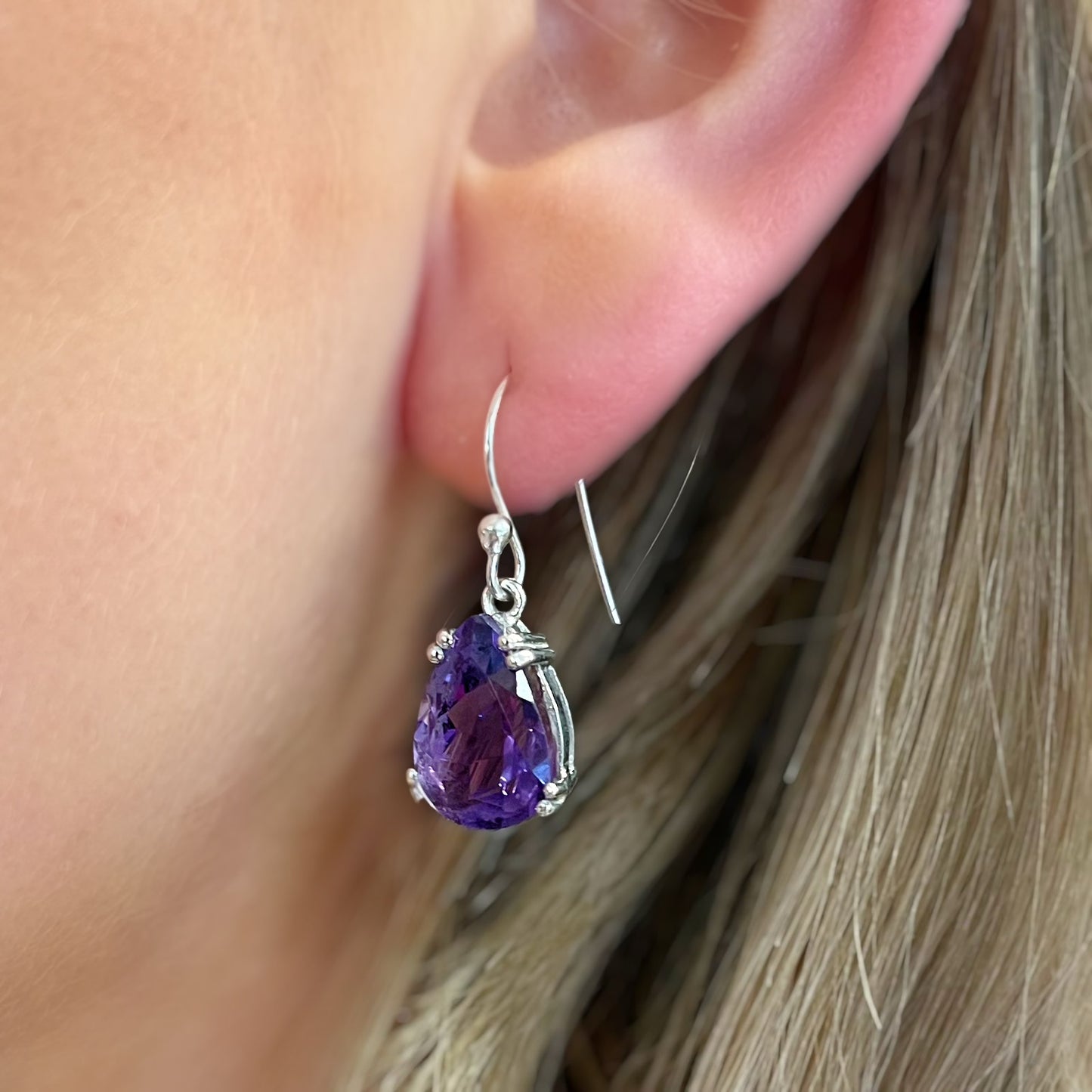 Sterling Silver Pear Shaped Amethyst Drop Earrings