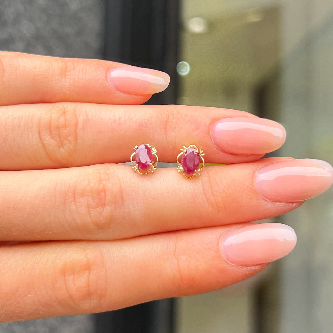Pink Ruby Oval Cut 9ct Yellow Gold Dainty Stud Earrings