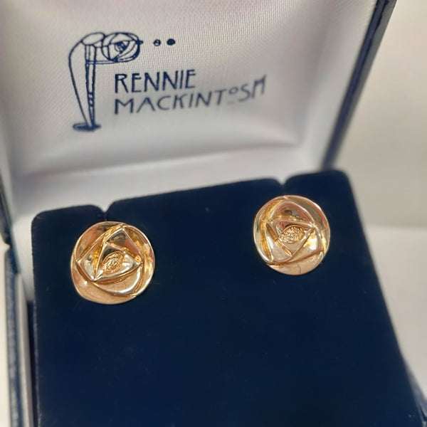 Vintage 9ct Yellow Gold Charles Rennie Mackintosh Inspired Rose Motif Disc Stud Earrings