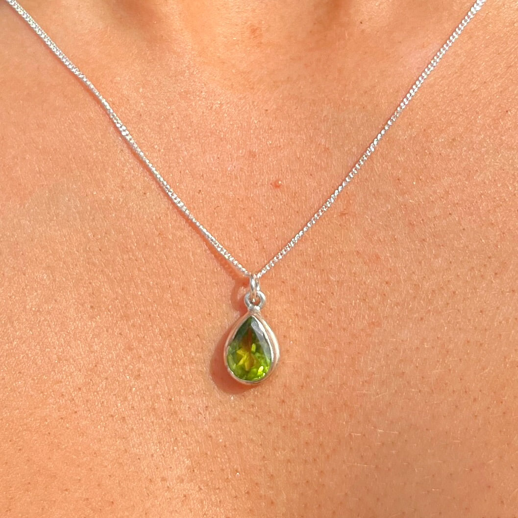 Sterling Silver Pear Cut Green Peridot Necklace