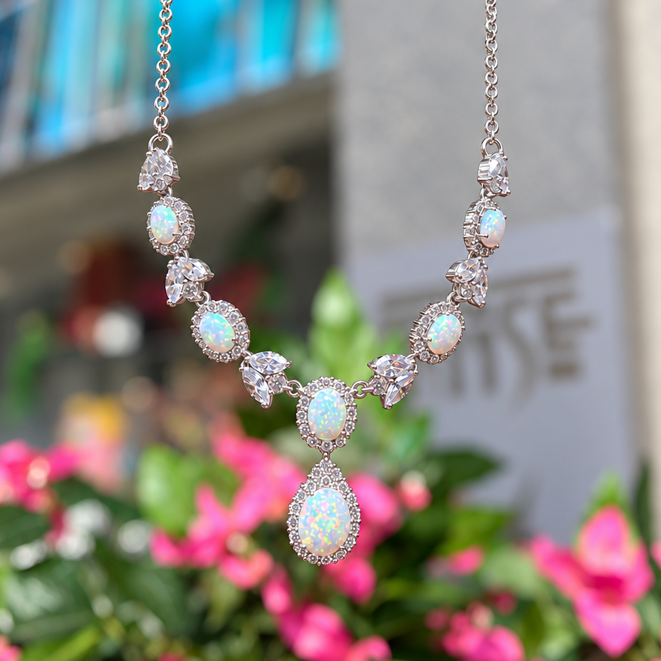 Opal & Cubic Zirconia Sterling Silver Necklace