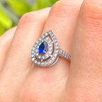 Blue Cubic Zirconia Sterling Silver Pear Shape Double Halo Ring | Size N