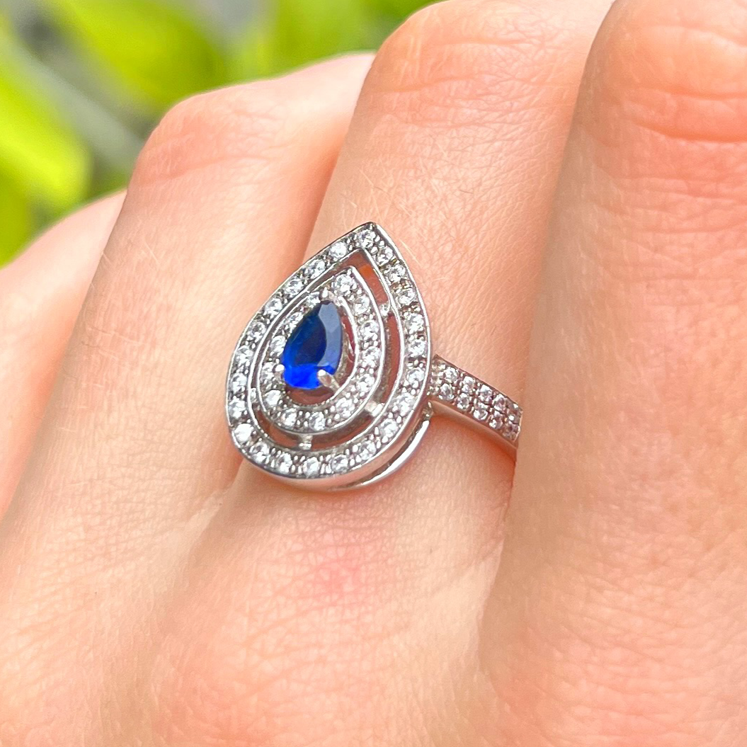 Blue Cubic Zirconia Sterling Silver Pear Shape Double Halo Ring | Size N