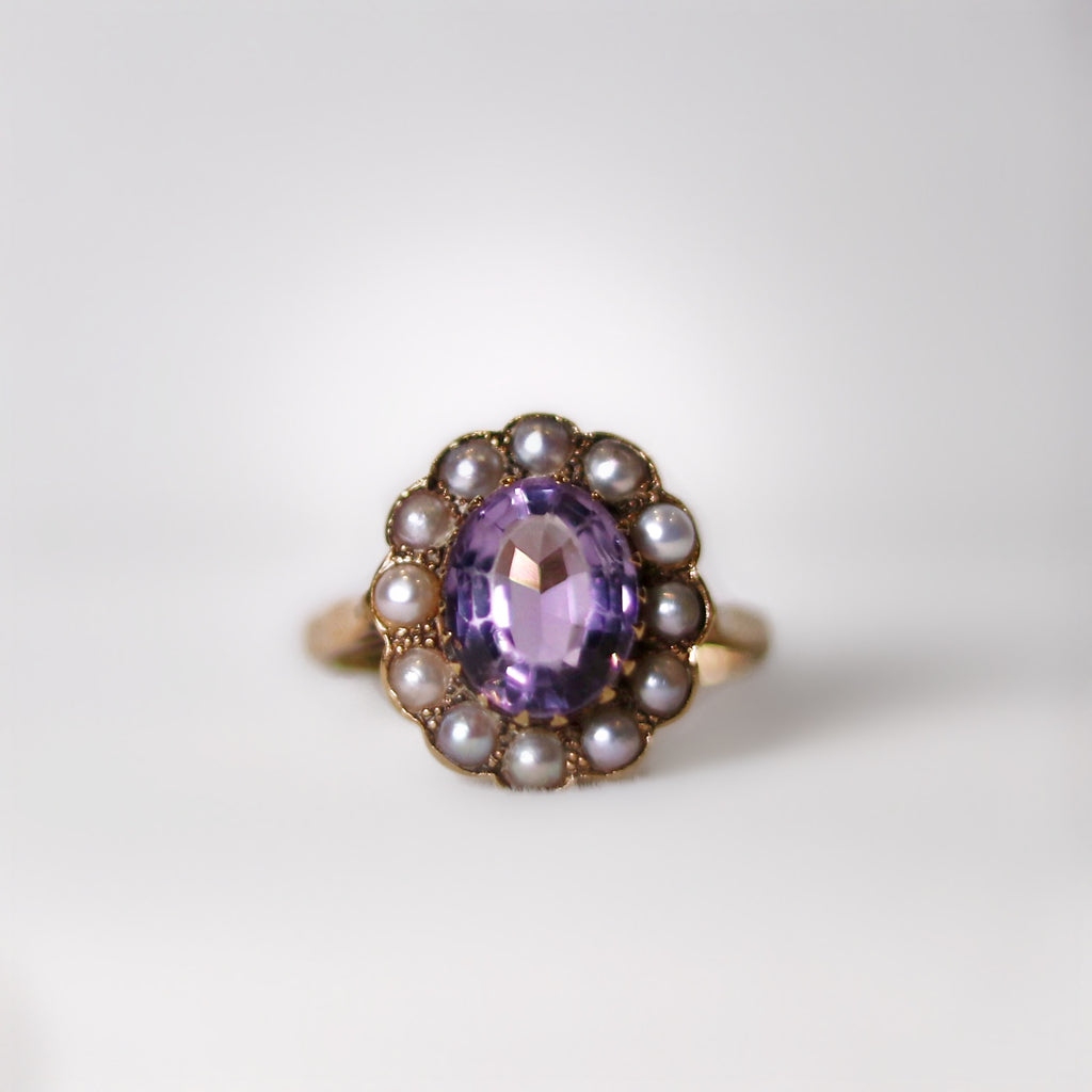 Vintage Amethyst and Pearl 9ct Yellow Gold Cluster Ring | Size O