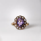 Vintage Amethyst and Pearl 9ct Yellow Gold Cluster Ring | Size O