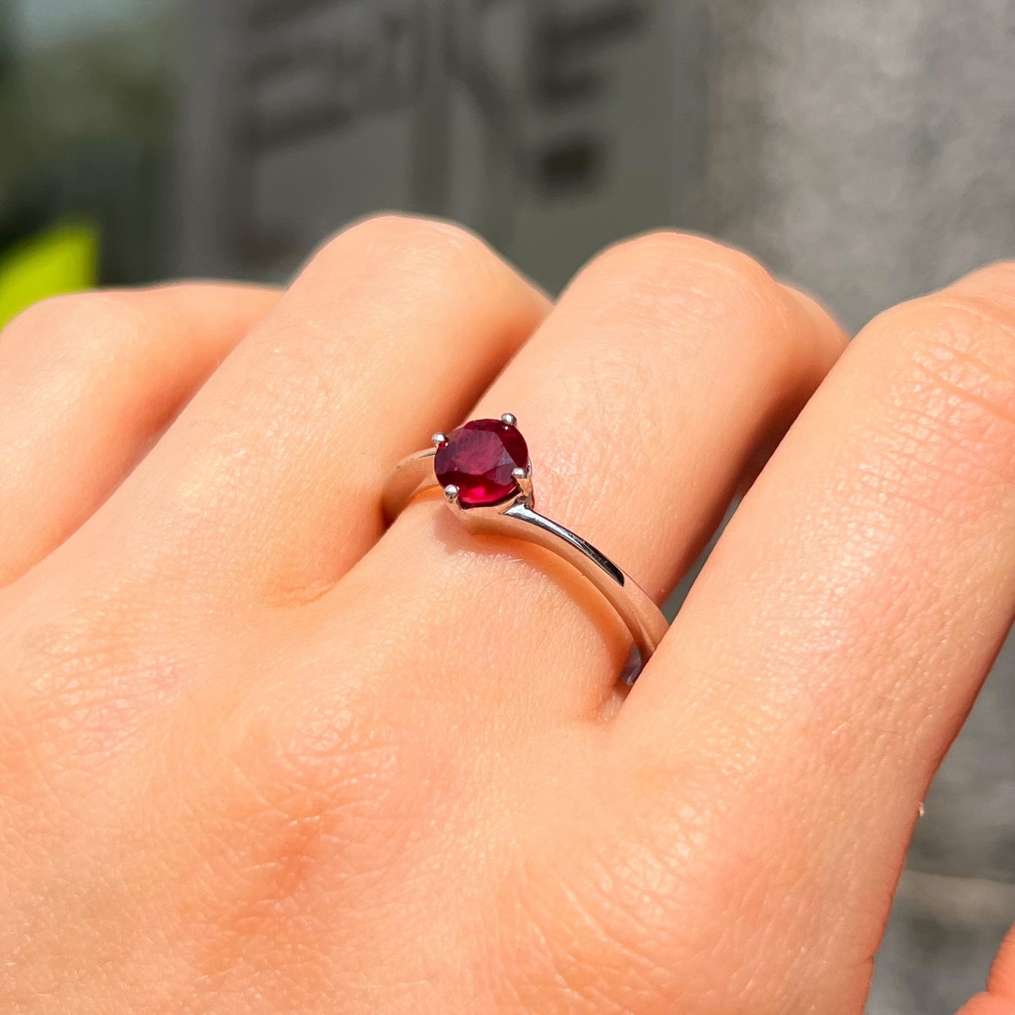 Minimalist Dainty Sterling Silver Brilliant Cut Red Ruby Ring - Size R