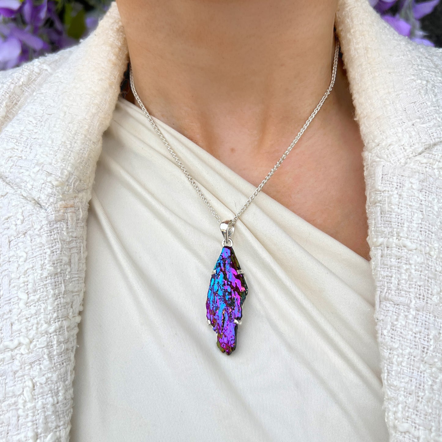 Chunky Rough Iridescent Purple Sterling Silver Aura Kyanite Pendant & Chain