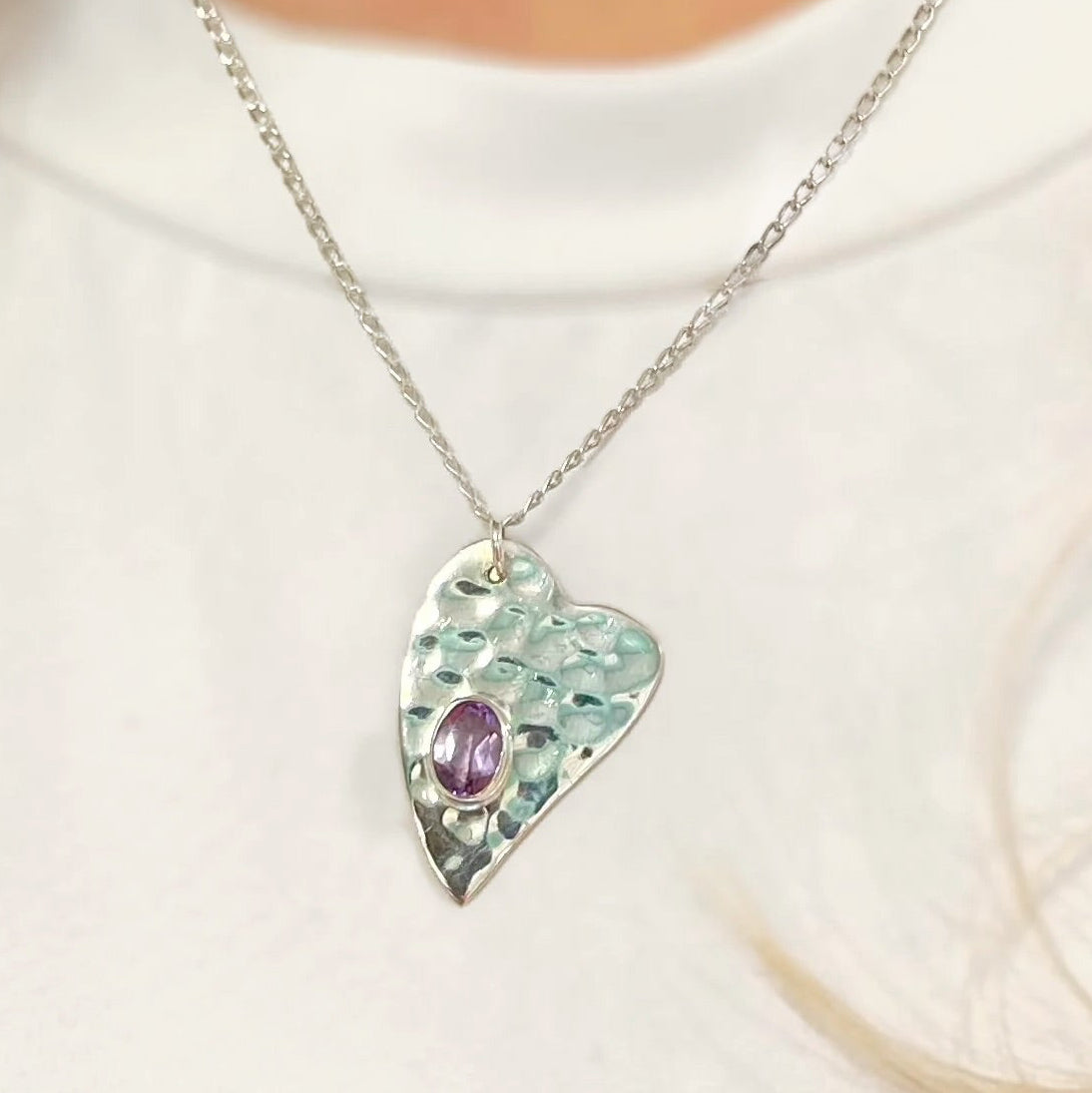 Sterling Silver Amethyst Hammered Heart Necklace