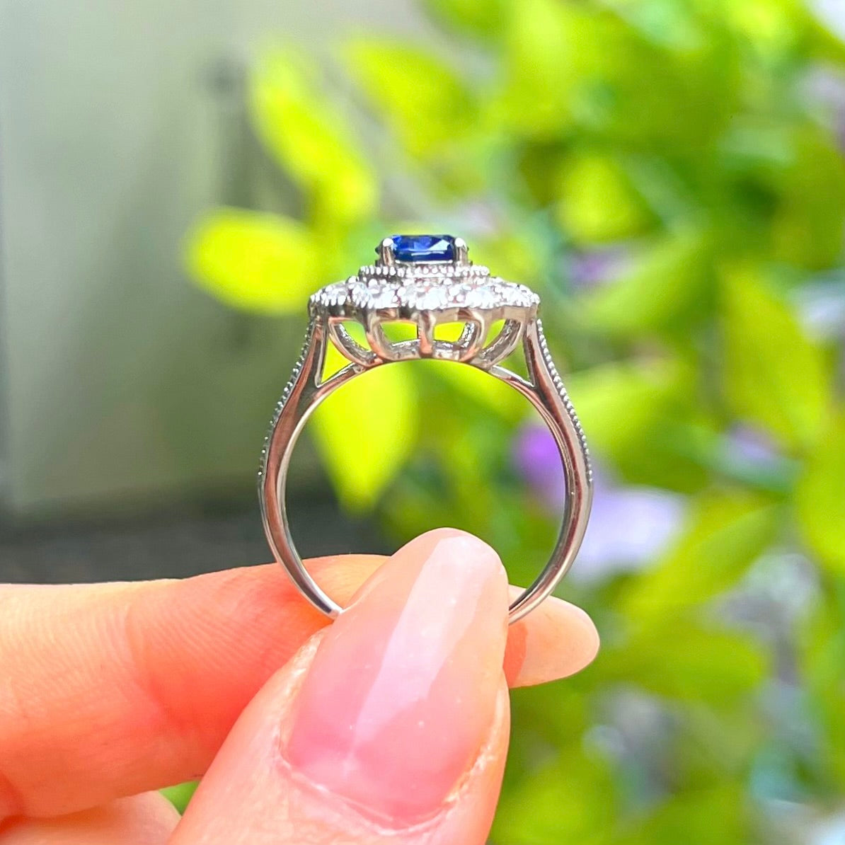 Blue Cubic Zirconia Sterling Silver Halo Ring | Size O ½