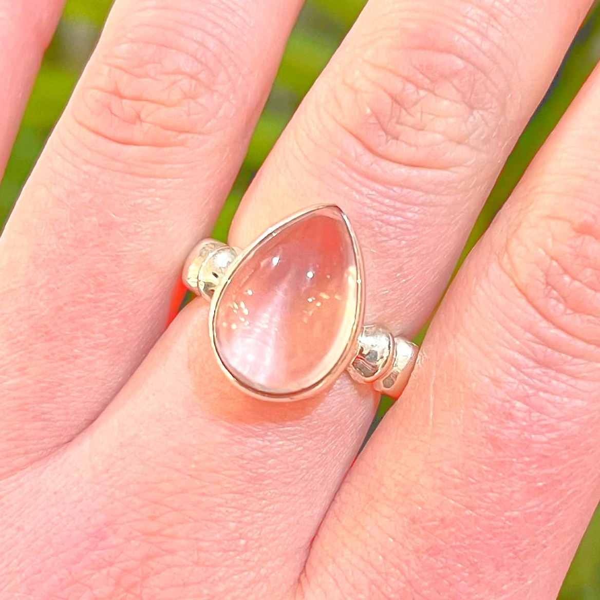 Pink Rose Quartz Sterling Silver Pear Cut Ring - Size O