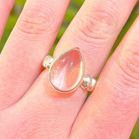 Pink Rose Quartz Sterling Silver Pear Cut Ring - Size O