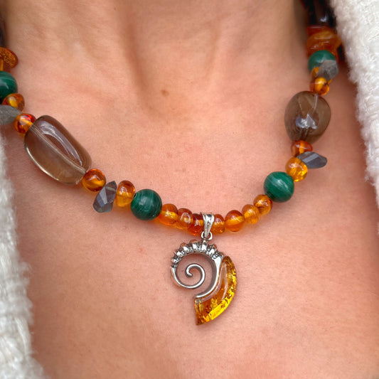 Orange Amber, Green Malachite, Dark Labradorite & Smoky Quartz Fossil Design Sterling Silver Beaded Necklace