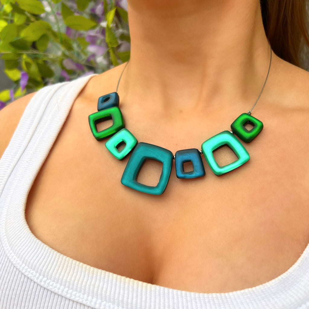 Green & Blue Hollow Squares Necklace | Watch This Space