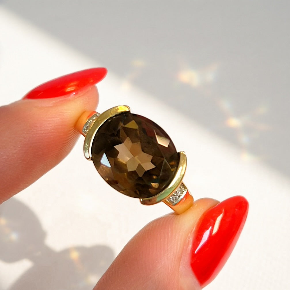 Vintage 9ct Yellow Gold Smoky Quartz and Diamond Cocktail Ring - Size M ½