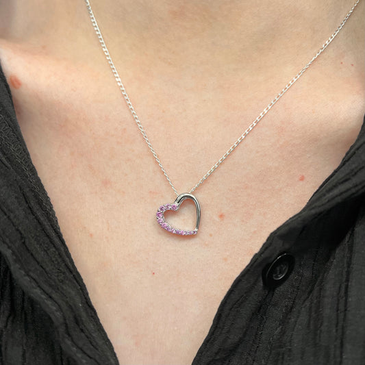 Sterling Silver Pink Cubic Zirconia Pavé Offset Heart Necklace