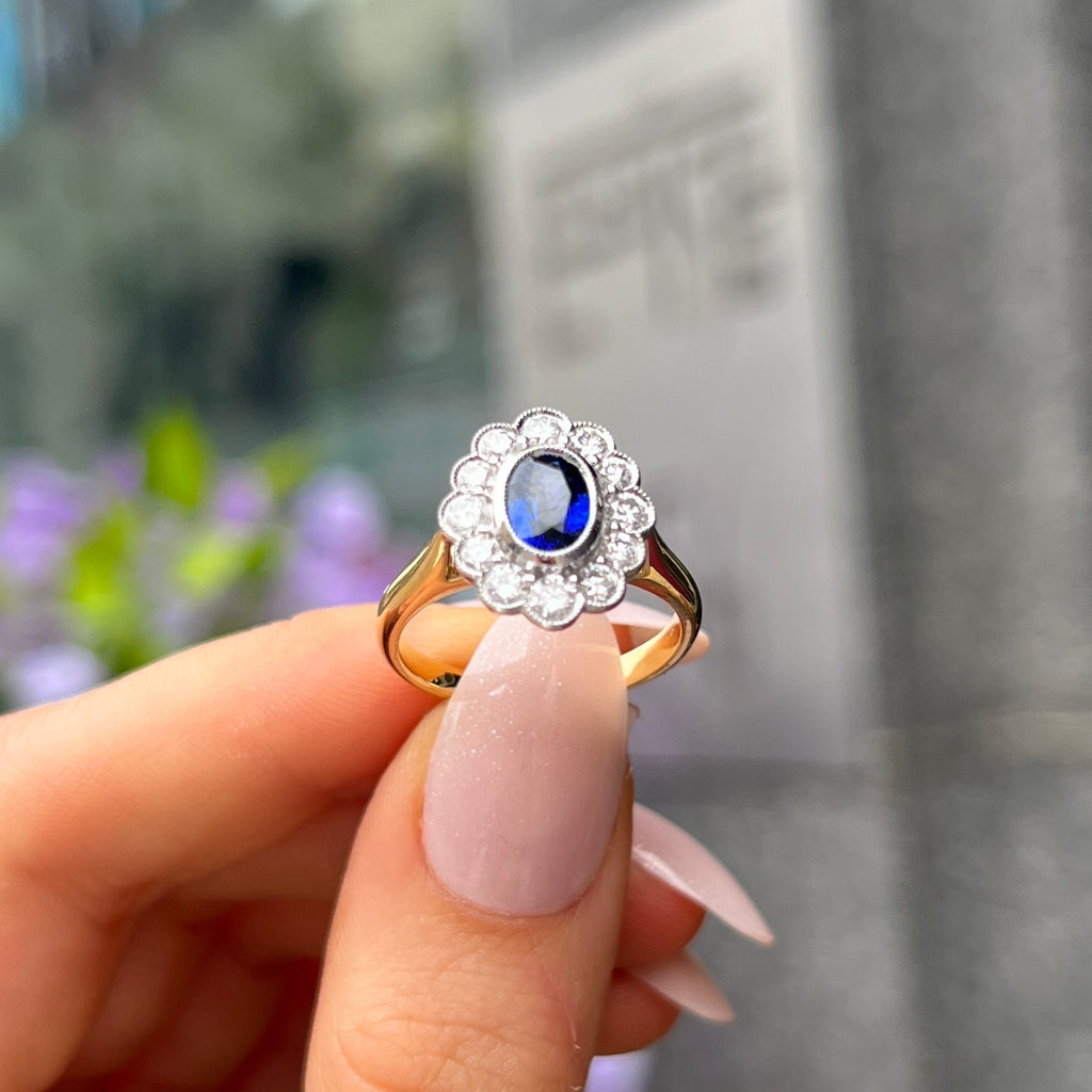Ceylon Sapphire and Diamond 18ct Yellow Gold Cluster Ring | Size M ½