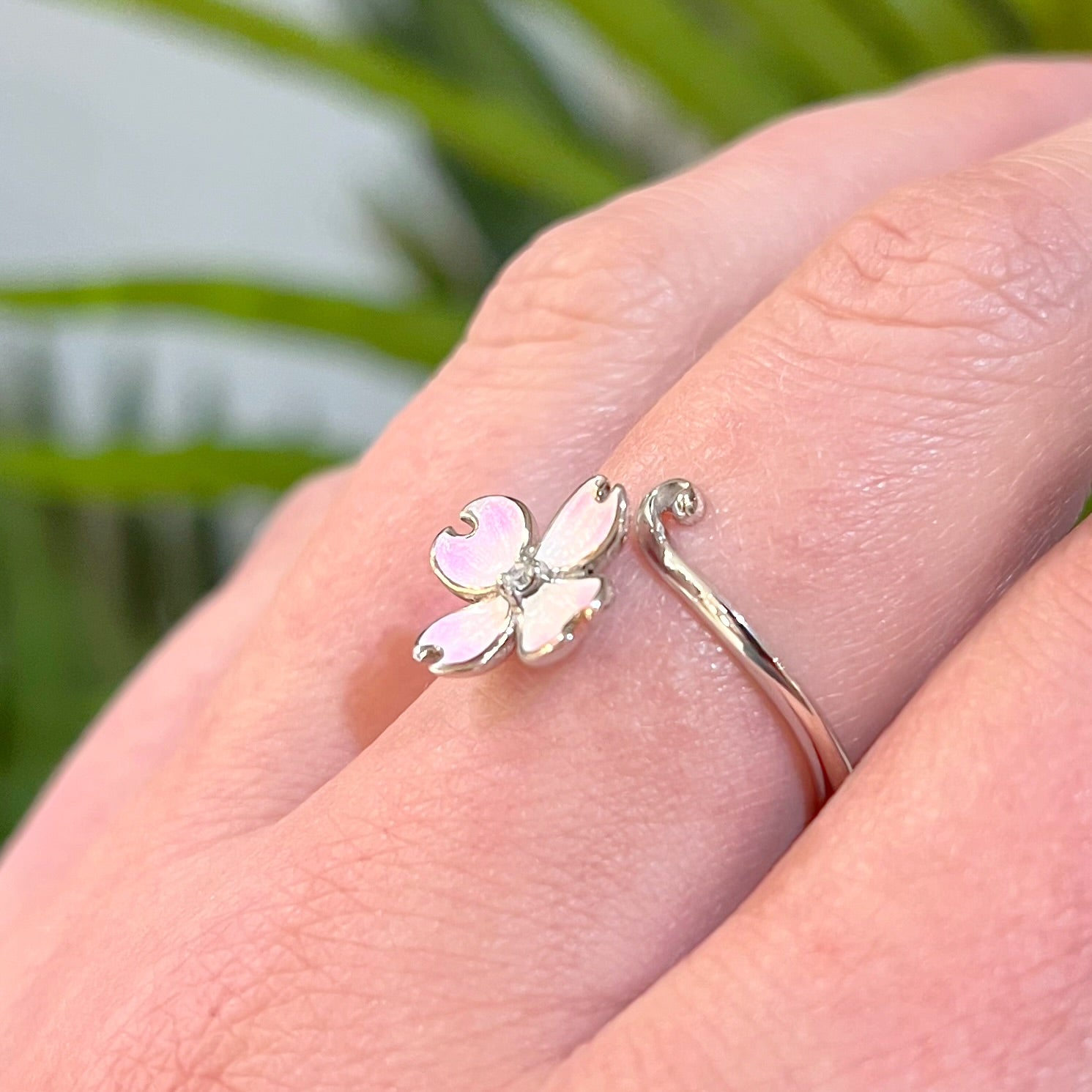 Pink Enamel Flower & Diamond Sterling Silver Ring | Adjustable Size