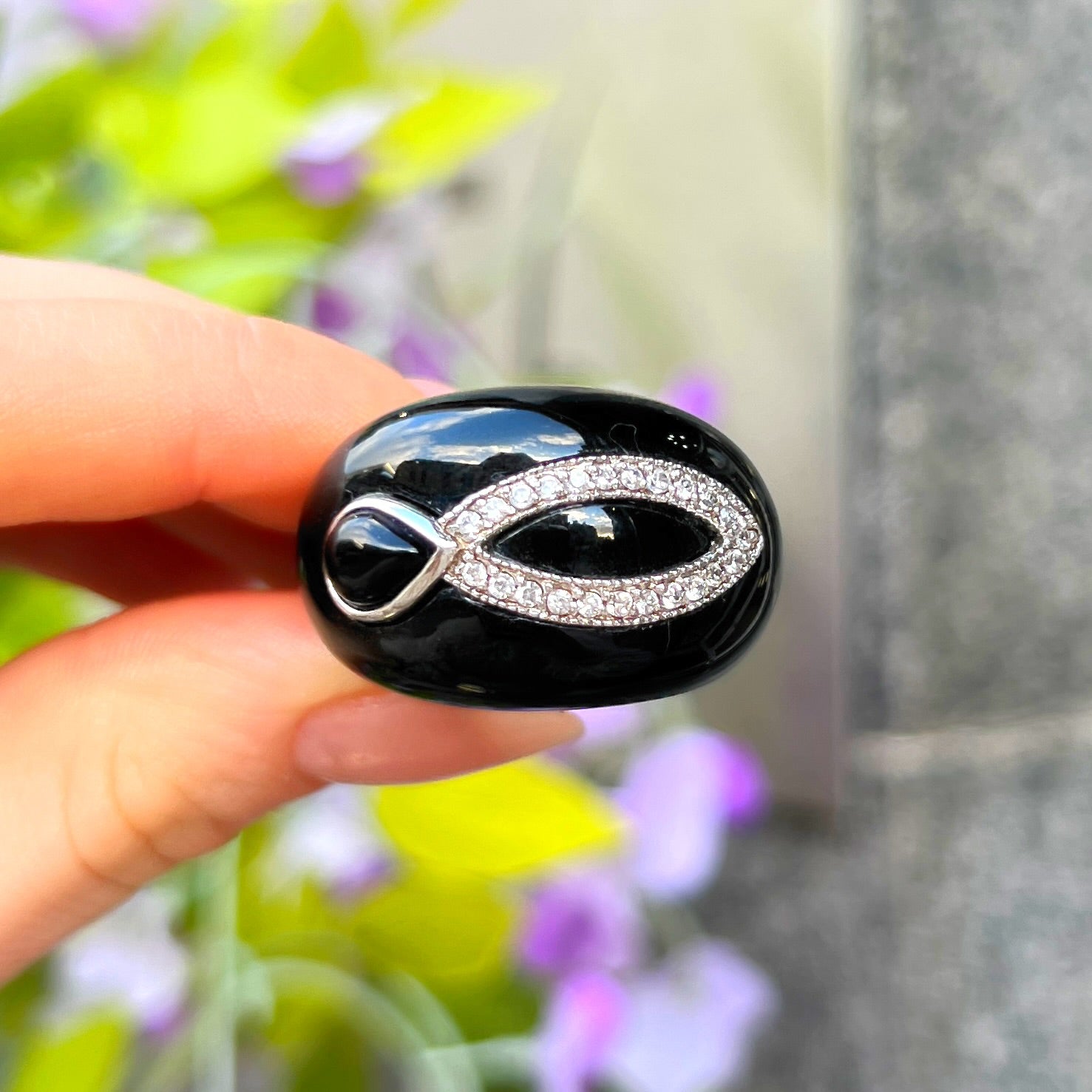 Onyx & Cubic Zirconia Sterling Silver Chunky Design Ring | Size Q