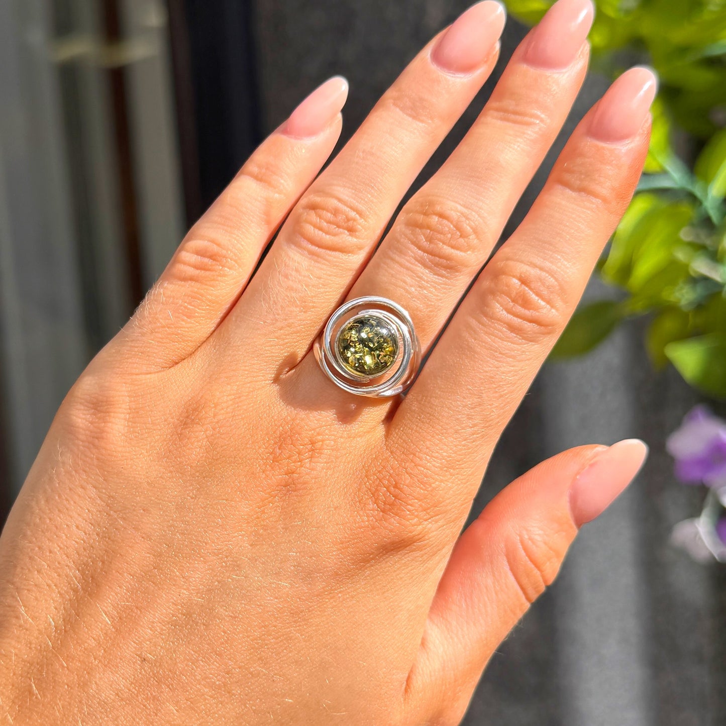 Green Amber Sterling Silver Round Spiral Ring - Size M
