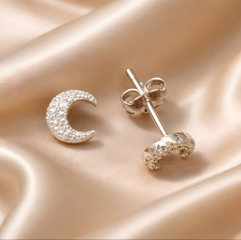 Cubic Zirconia Sterling Silver Half Moon Stud Earrings