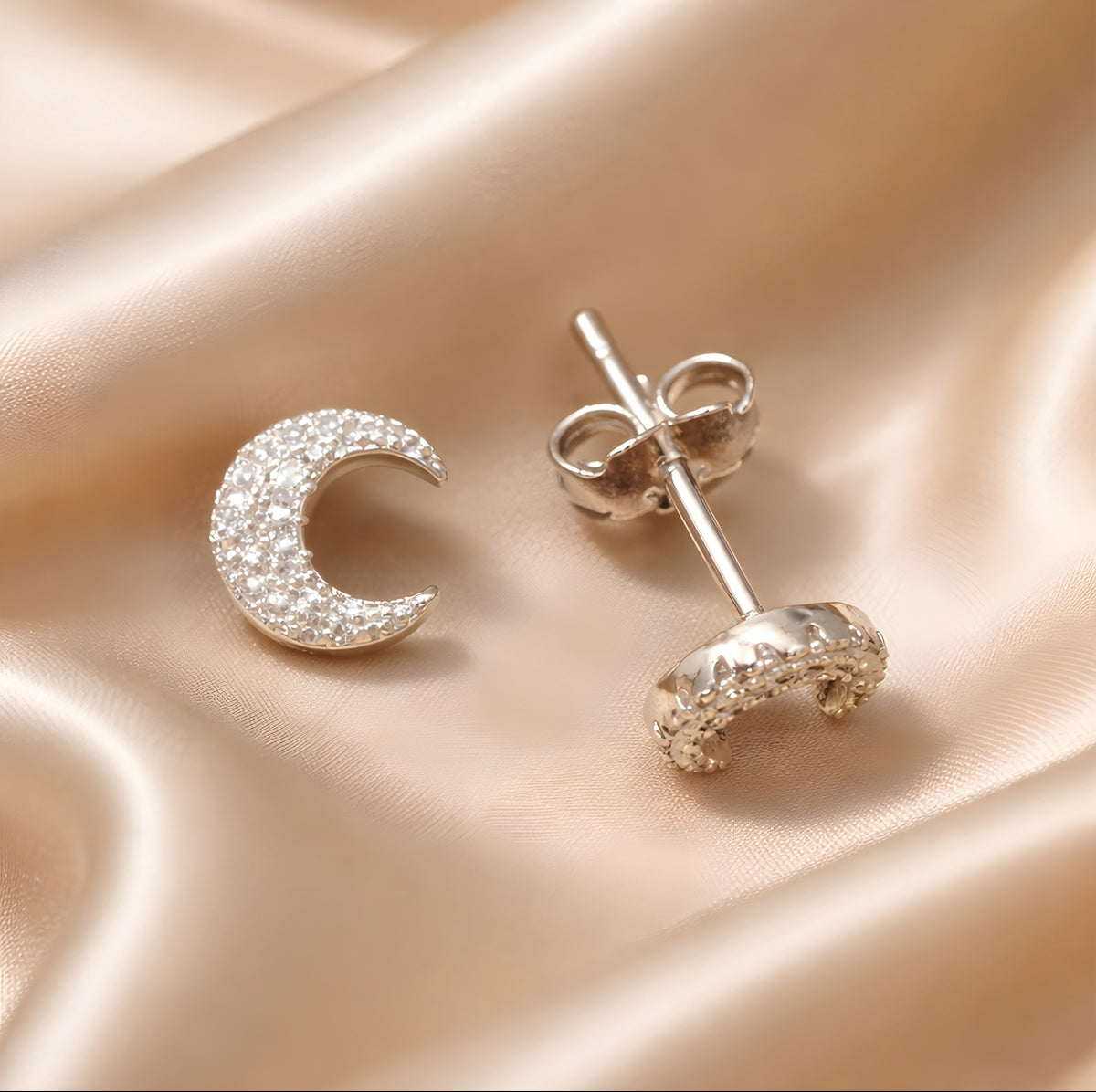 Cubic Zirconia Sterling Silver Half Moon Stud Earrings