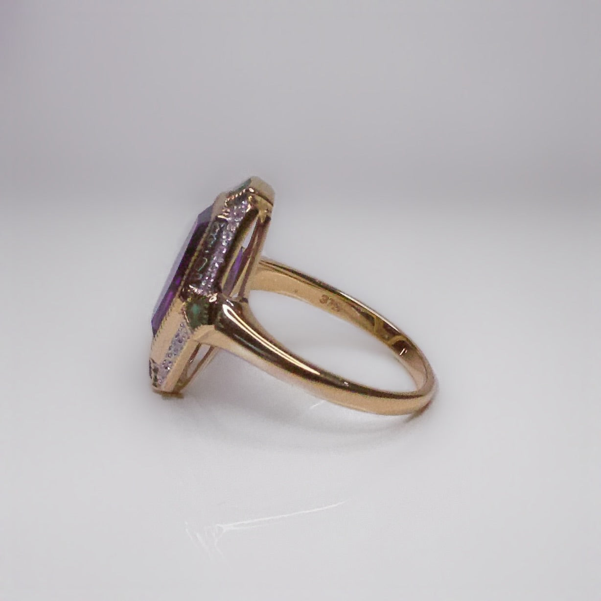 Art Deco Inspired 9ct Yellow Gold Amethyst Emerald and Diamond Ring- Size N