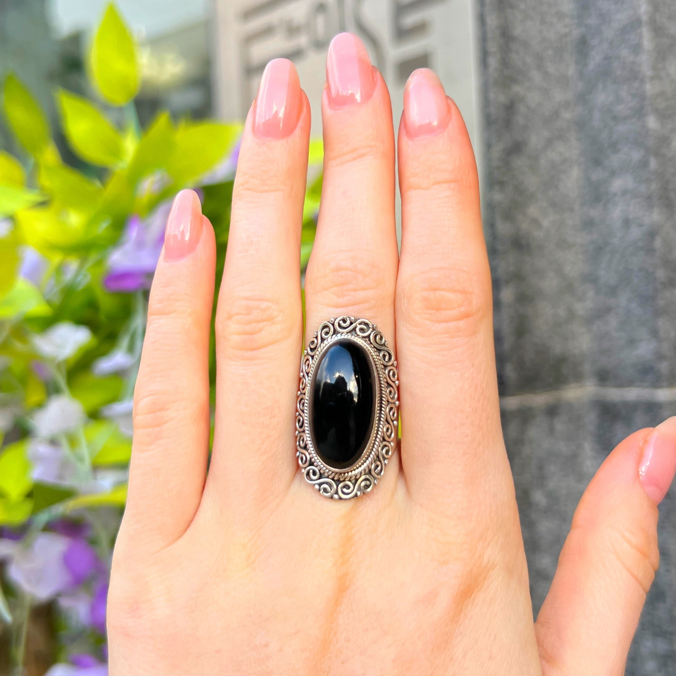 Onyx Sterling Silver Bohemian Ring | Size O