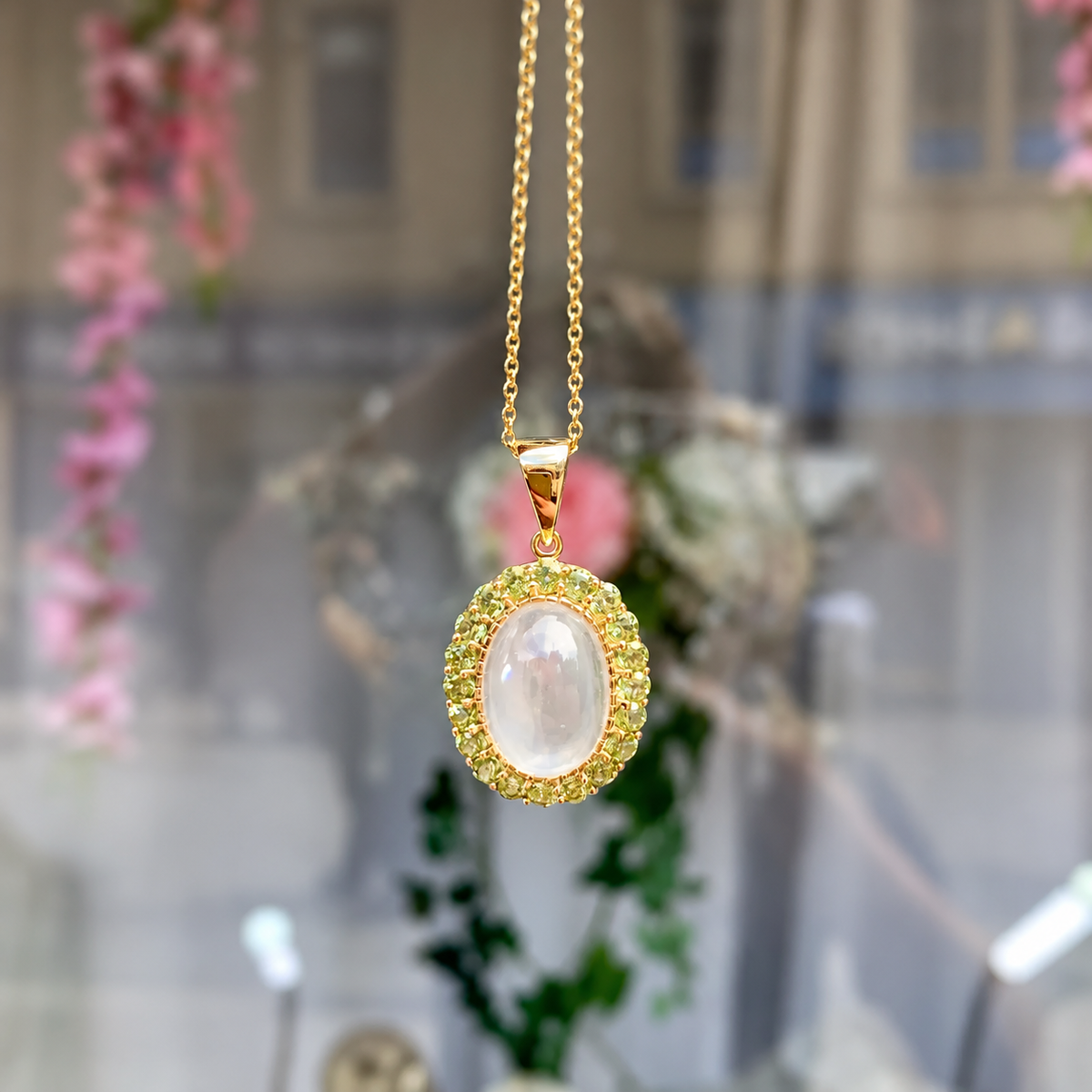 Moonstone and Peridot 9ct Yellow Gold Halo Necklace