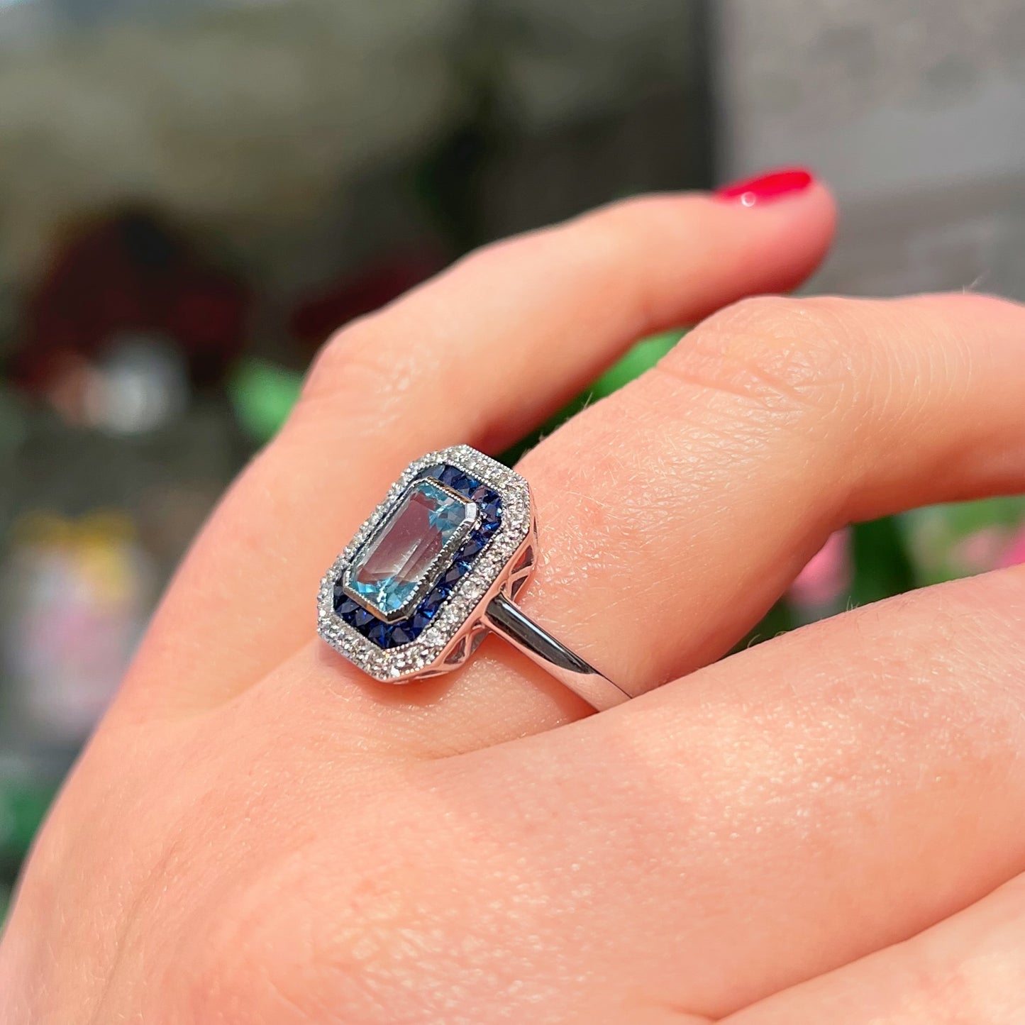 Art Deco Reproduction Blue Topaz, Sapphire and Diamond 9ct White Gold Ring | Size M ½