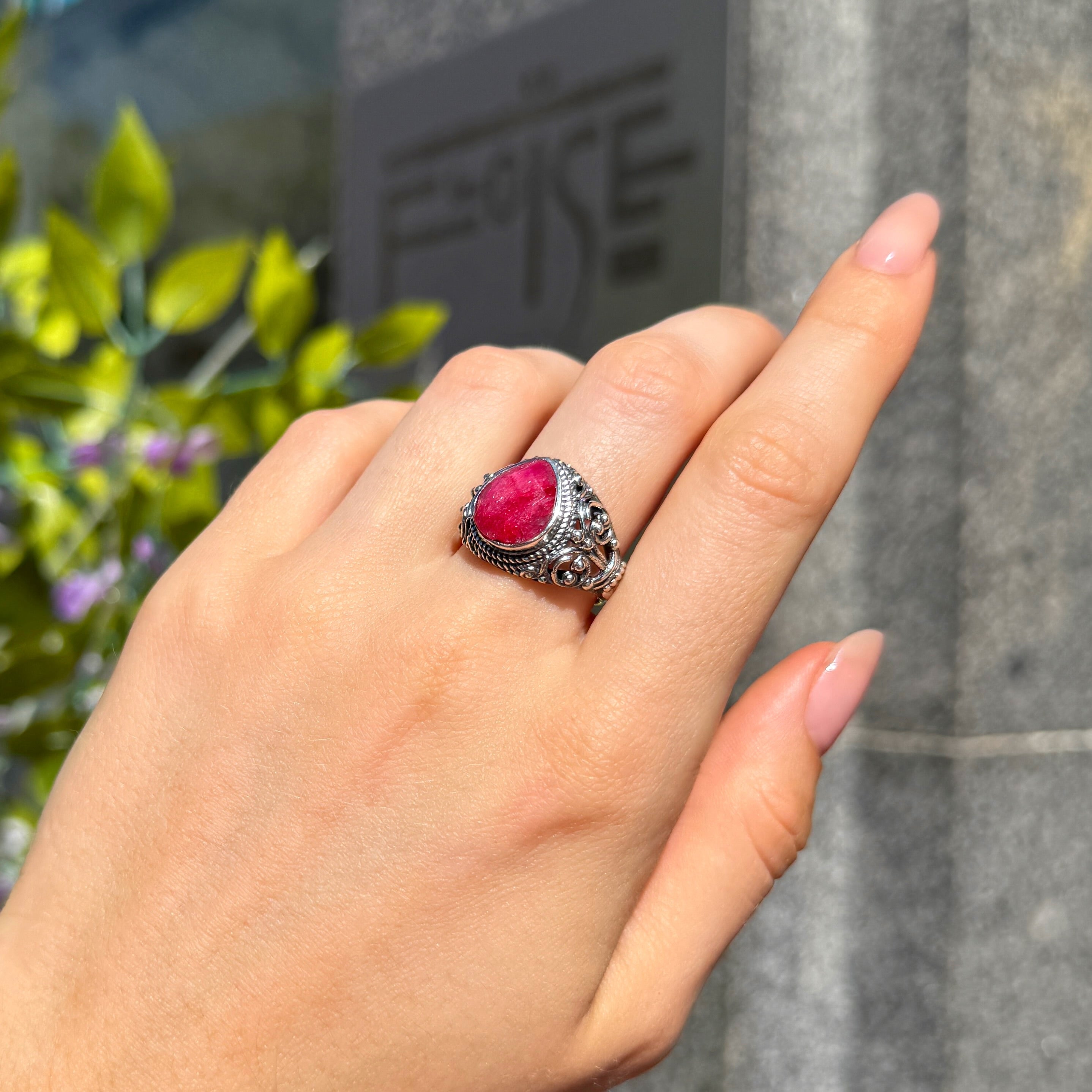 Pear Cut Ruby Sterling Silver Boho Chunky Ring | Size O