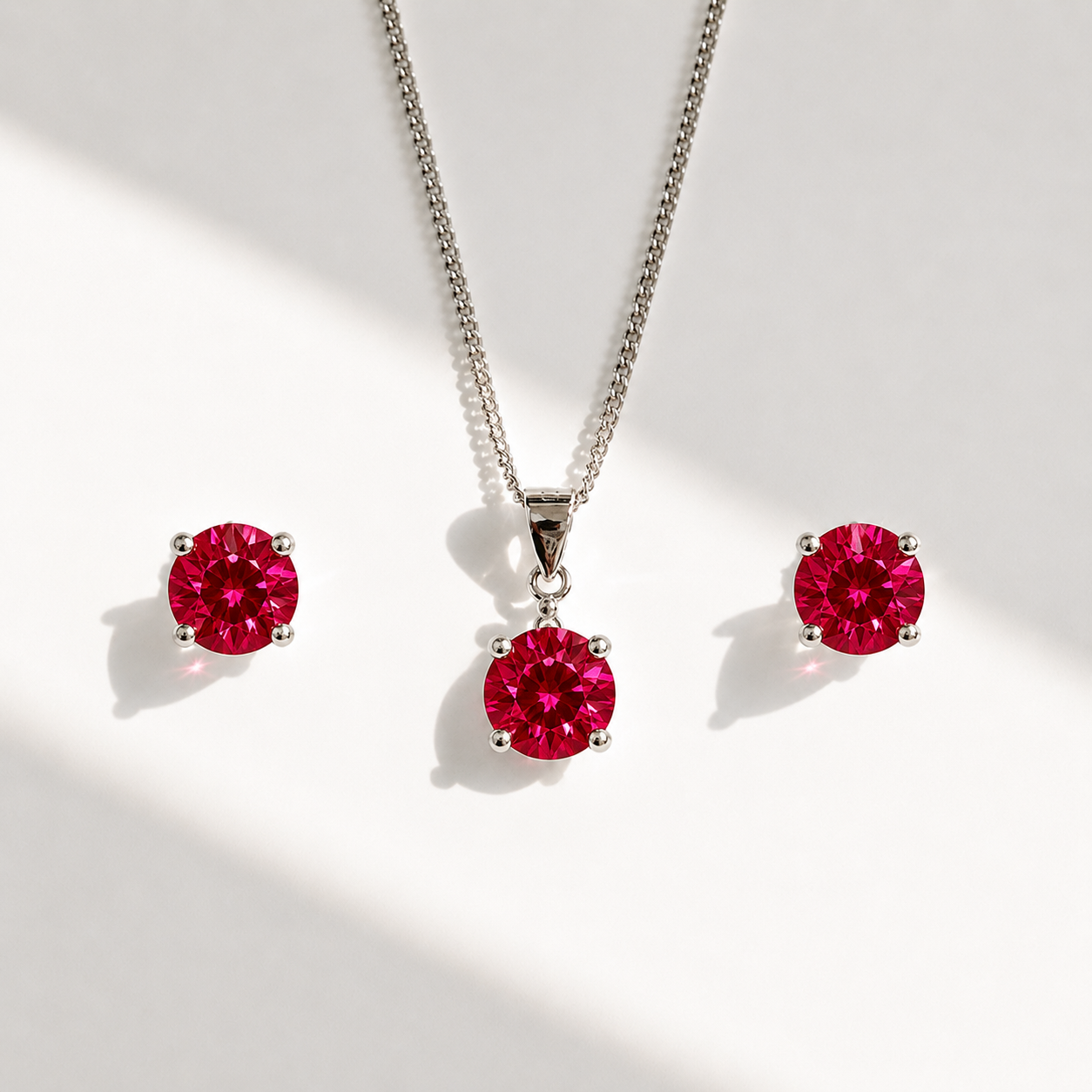 Round-Cut Lab-Grown Ruby Sterling Silver Matching Necklace and Earring Set