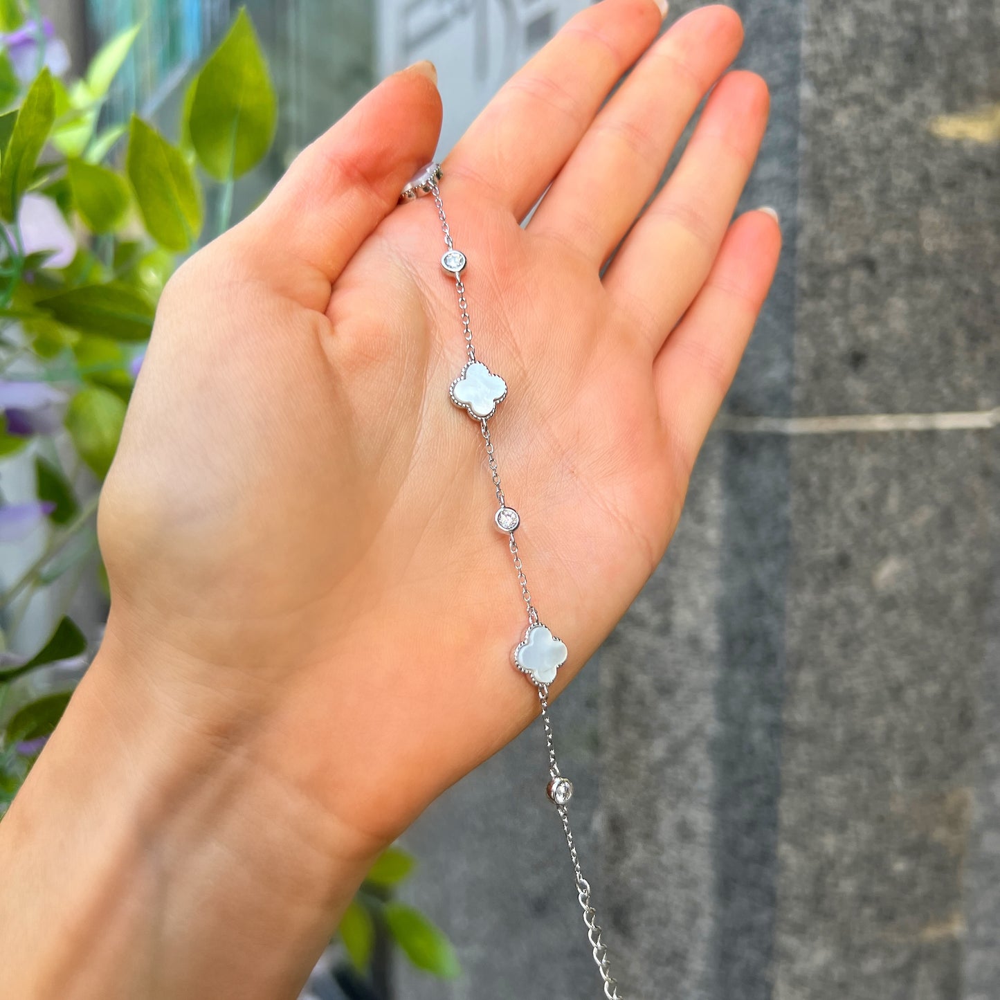 Dainty Sterling Silver White Mother of Pearl & Cubic Zirconia Clover Bracelet