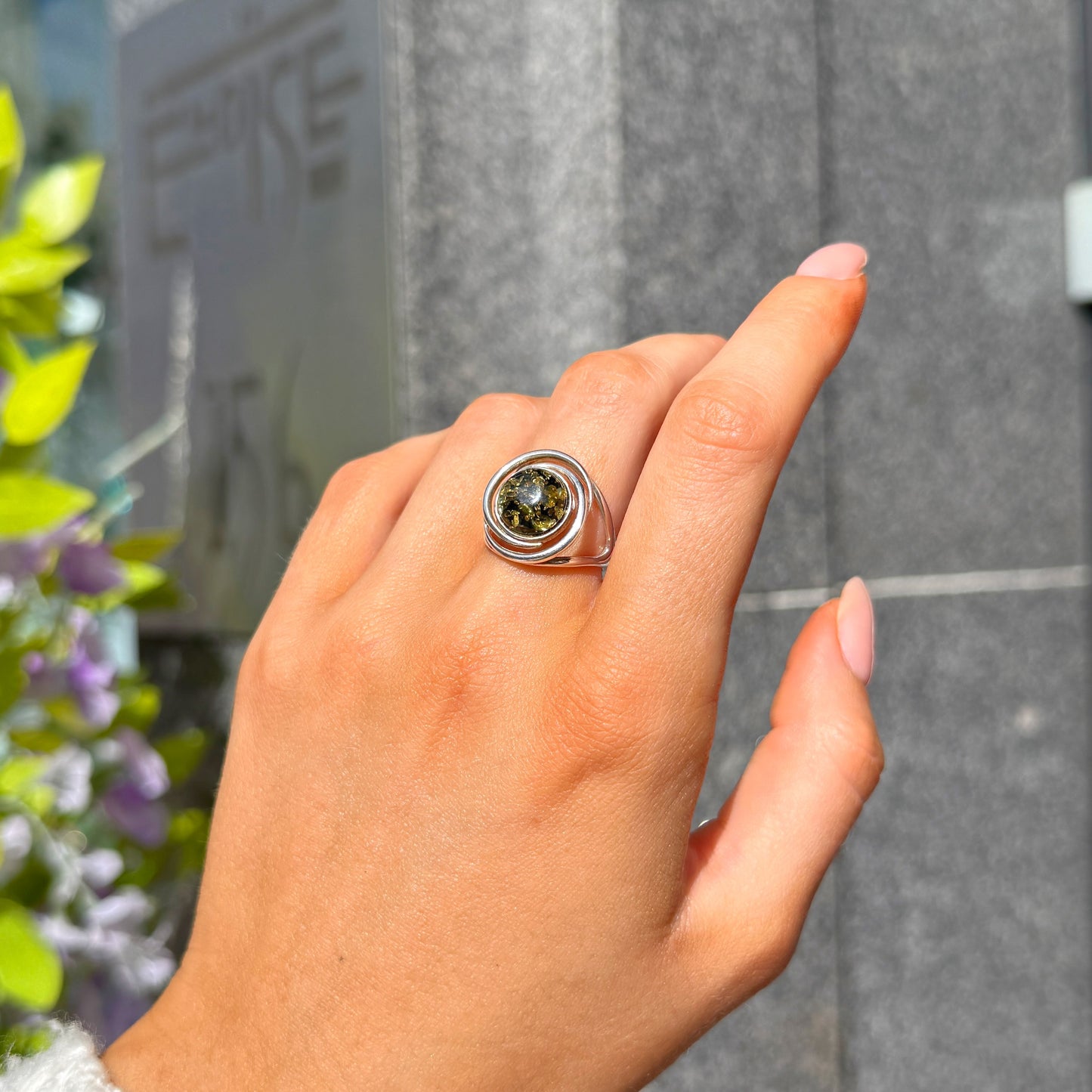 Green Amber Sterling Silver Round Spiral Ring - Size M