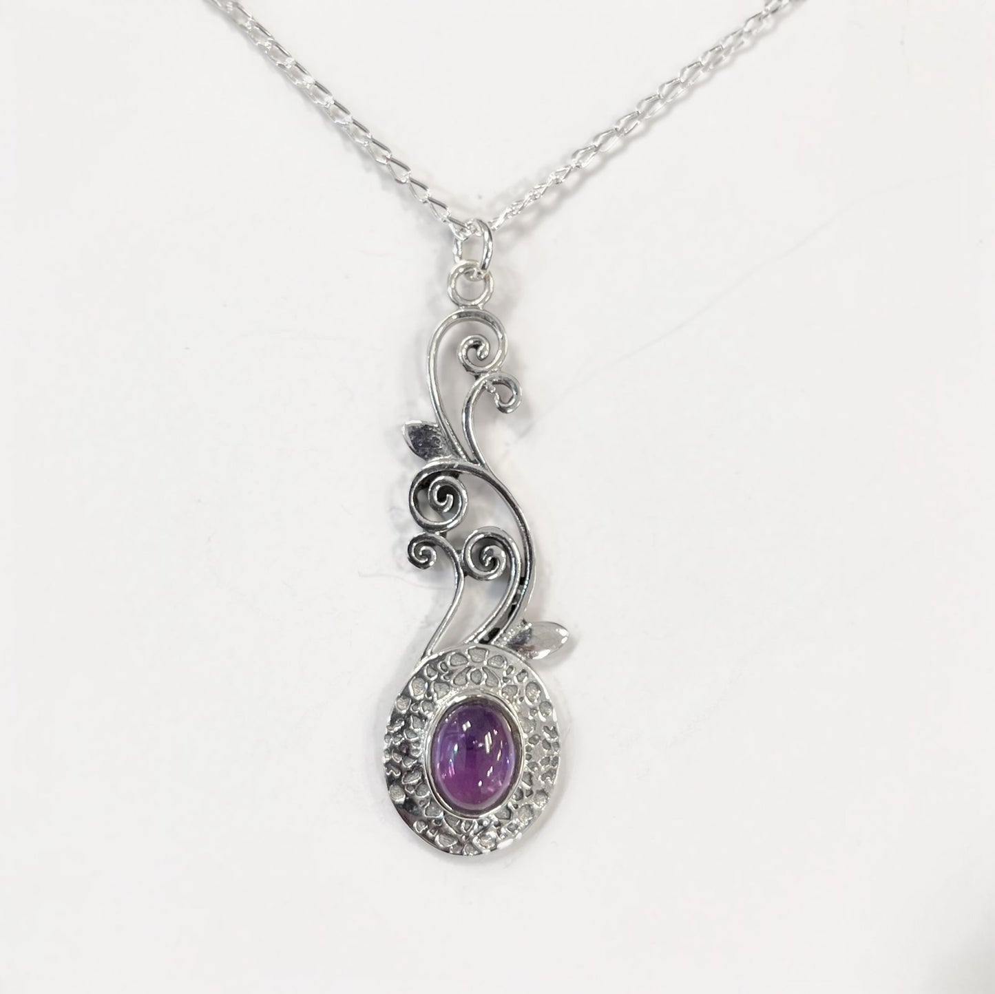 Nature Inspired Sterling Silver Amethyst Cabochon Necklace