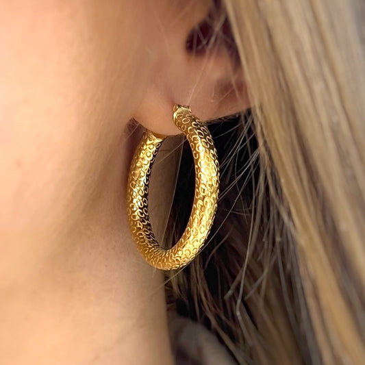 Yellow Gold Plated Sterling Silver Chinky Textured Medium Hoop Earrings