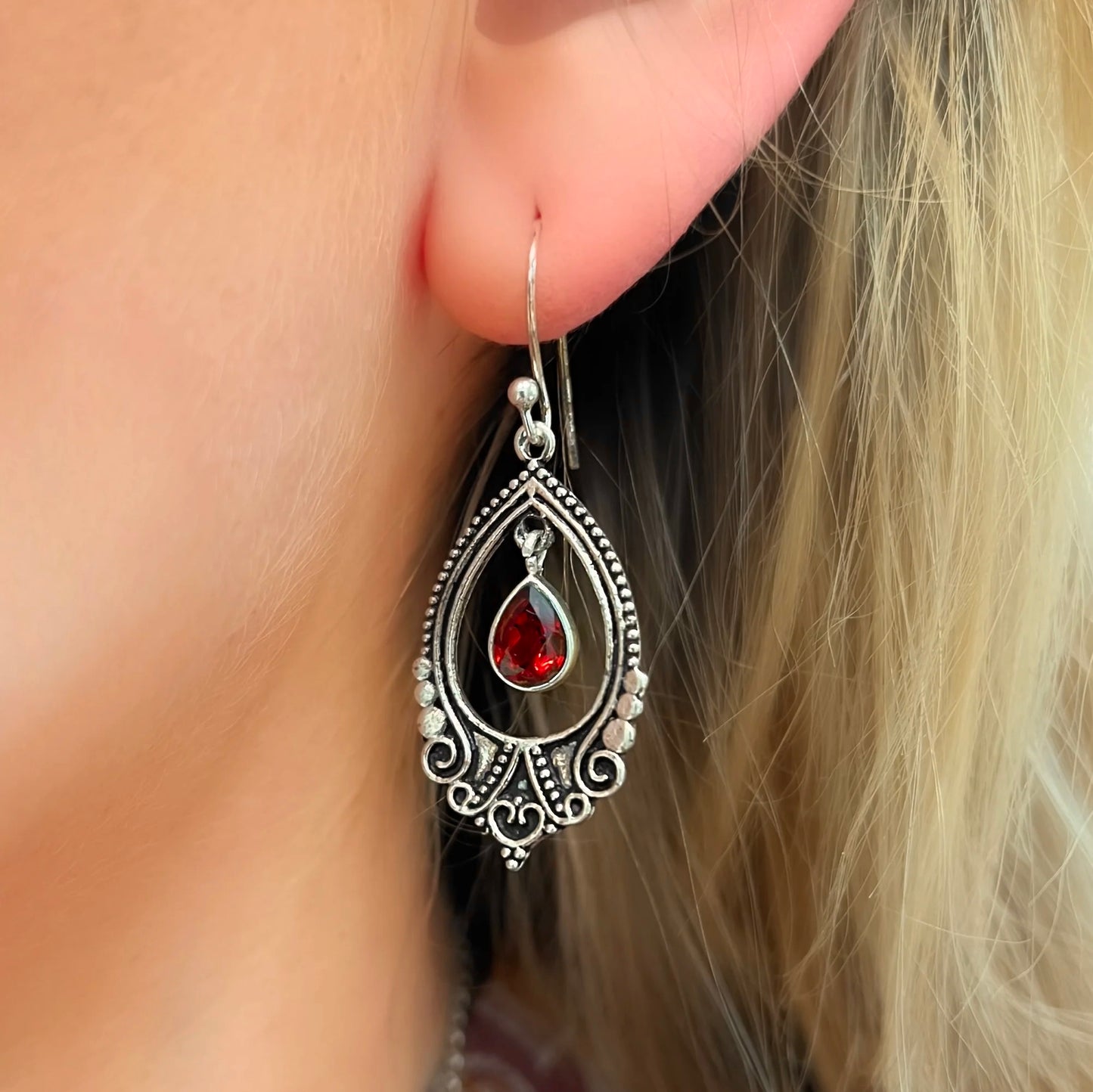 Beautiful Boho Inspired Sterling Silver Filigree Red Garnet Earrings