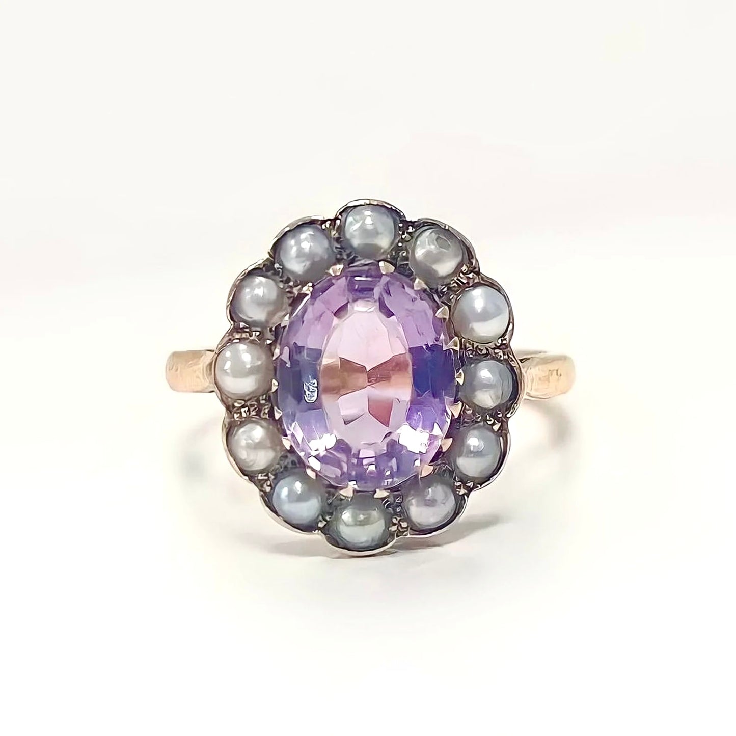 Vintage 9ct Yellow Gold Amethyst and Pearl Cluster Ring - Size O