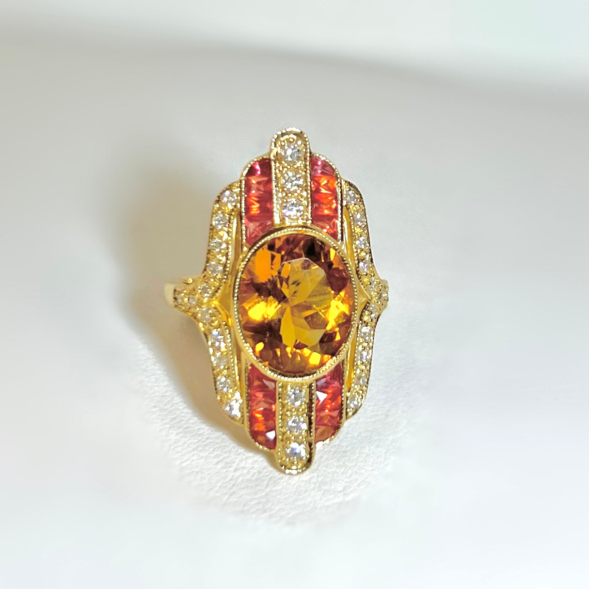 18ct Yellow Gold Citrine, orange Sapphire & Diamond Cocktail Ring - Size M 1/2