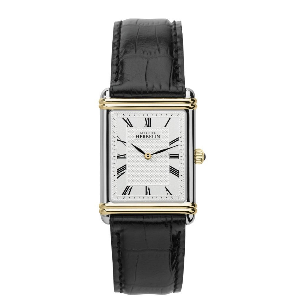 Herbelin Art Deco Gents Gold Steel Square Watch with Black Leather Strap