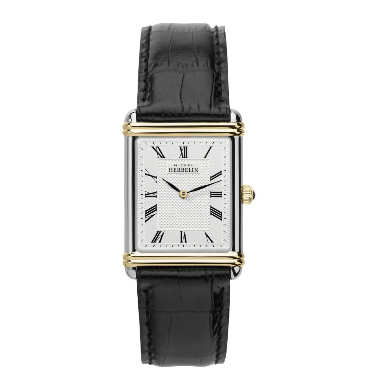 Herbelin Art Deco Gents Gold Steel Square Watch with Black Leather Strap