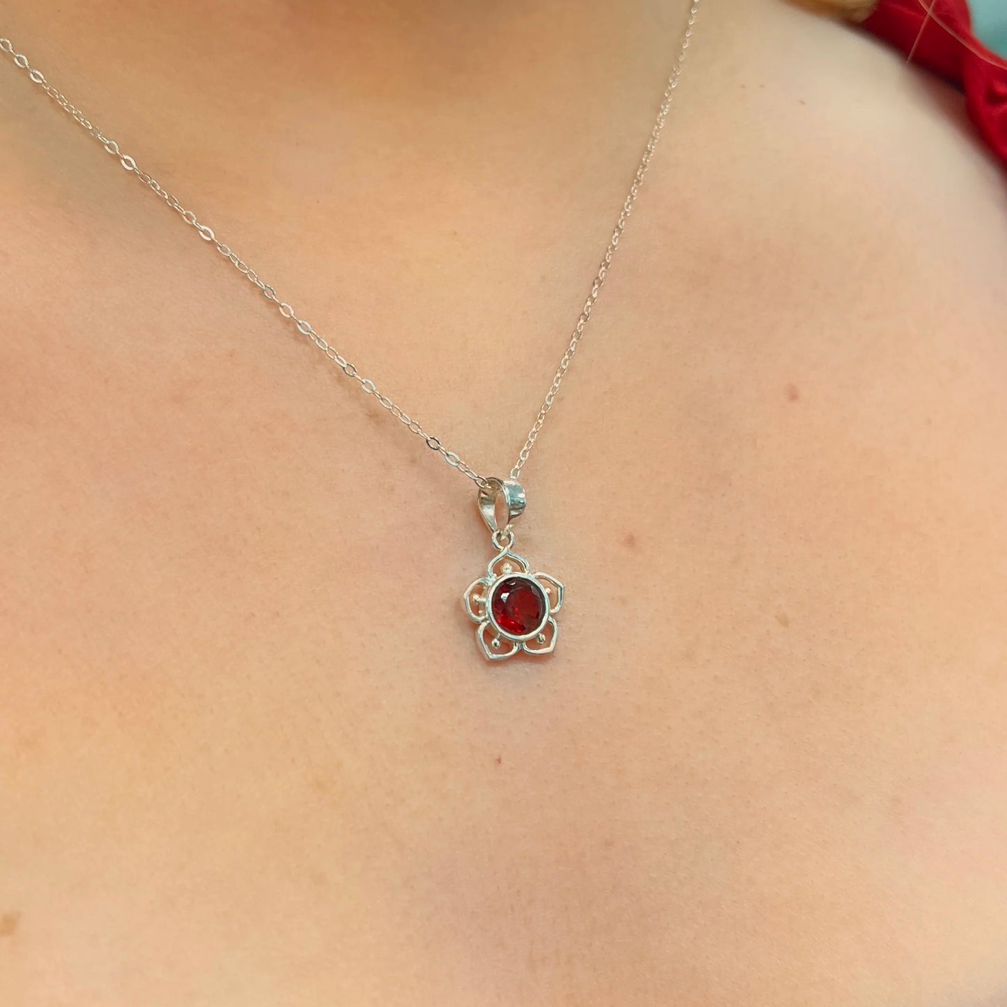 Sweet Sterling Silver Dainty Red Garnet Flower Necklace