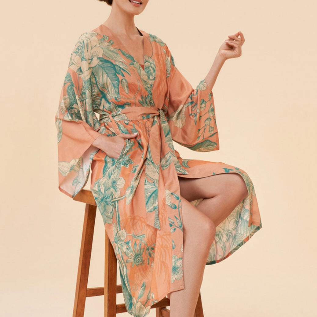 Powder Accessories Orange Floral Jungle Long Kimono Gown